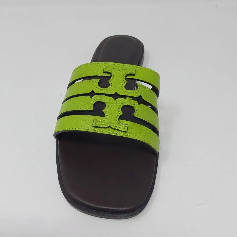Tory Burch Ines Cage Slide Sandals Light Chartreuse Cocoa Leather US 8